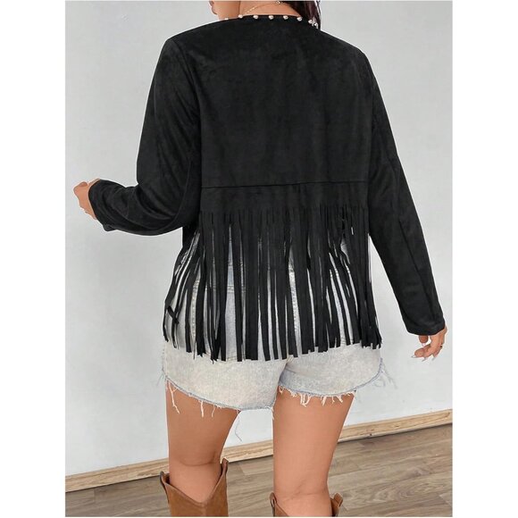 Women’s Black Plus Size Floerns Beaded Tassel Open Front Festival Jacket - Picture 2 of 6